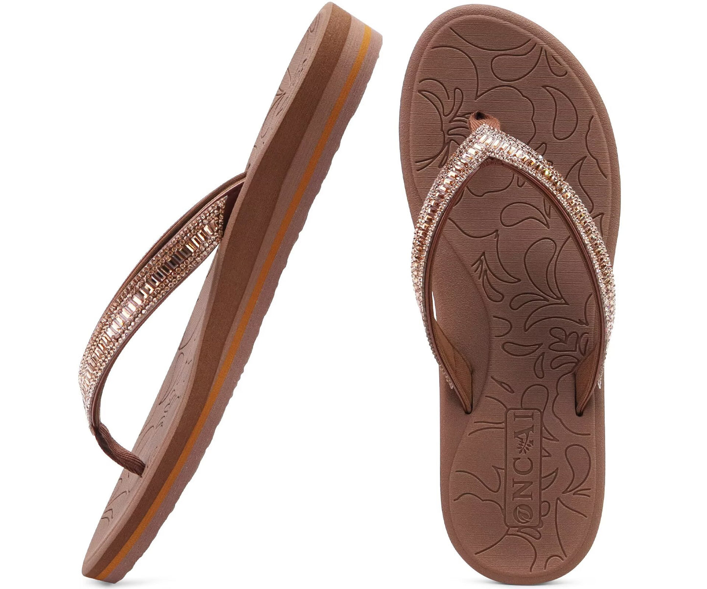 ONCAI Women's Flip Flops with Rhinestone, Arch Support Yoga Mat Comfort Walking Summer Beach Thong Sandals with Orthopedic Plantar Fasciitis Rubber Soles
