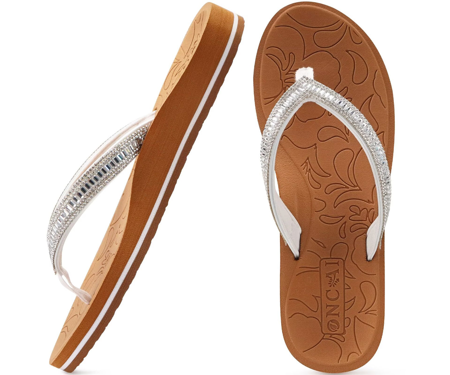 ONCAI Women's Flip Flops with Rhinestone, Arch Support Yoga Mat Comfort Walking Summer Beach Thong Sandals with Orthopedic Plantar Fasciitis Rubber Soles