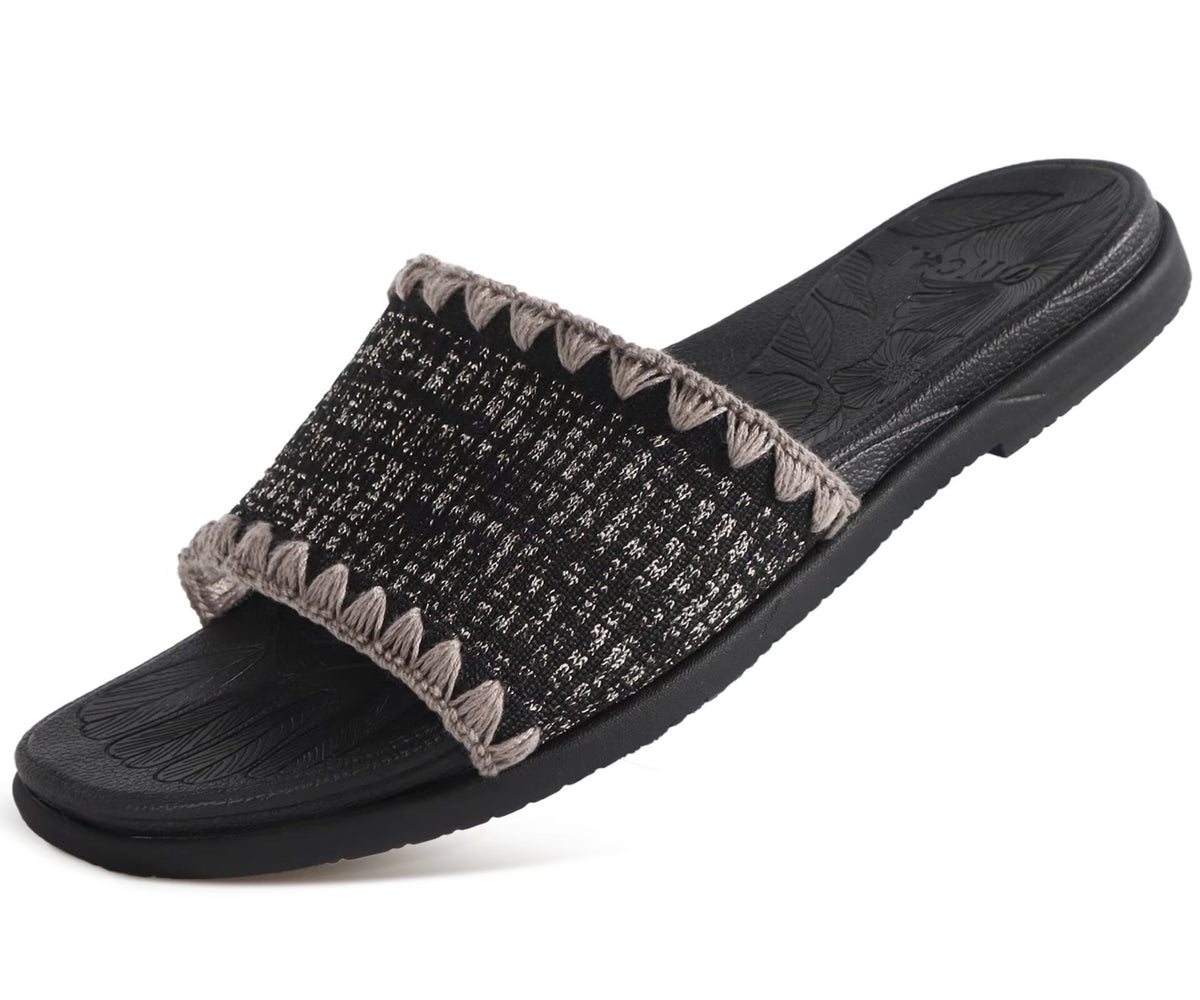 ONCAI Women¡¯s Flat Slides Sandals Soft Knitted with Golden Thread Inlay Summer Vacation Walking Sandalias Mujer with Outdoor Rubber Soles US Size 6-11