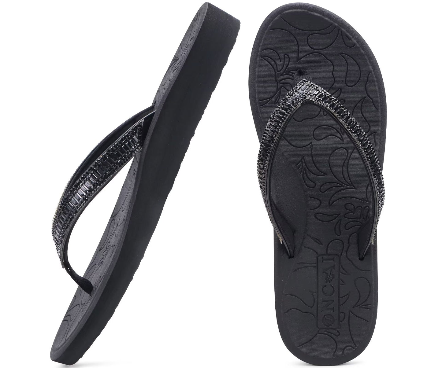 ONCAI Women's Flip Flops with Rhinestone, Arch Support Yoga Mat Comfort Walking Summer Beach Thong Sandals with Orthopedic Plantar Fasciitis Rubber Soles
