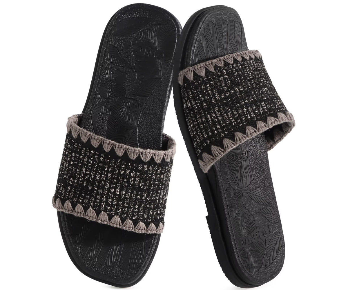 ONCAI Women¡¯s Flat Slides Sandals Soft Knitted with Golden Thread Inlay Summer Vacation Walking Sandalias Mujer with Outdoor Rubber Soles US Size 6-11