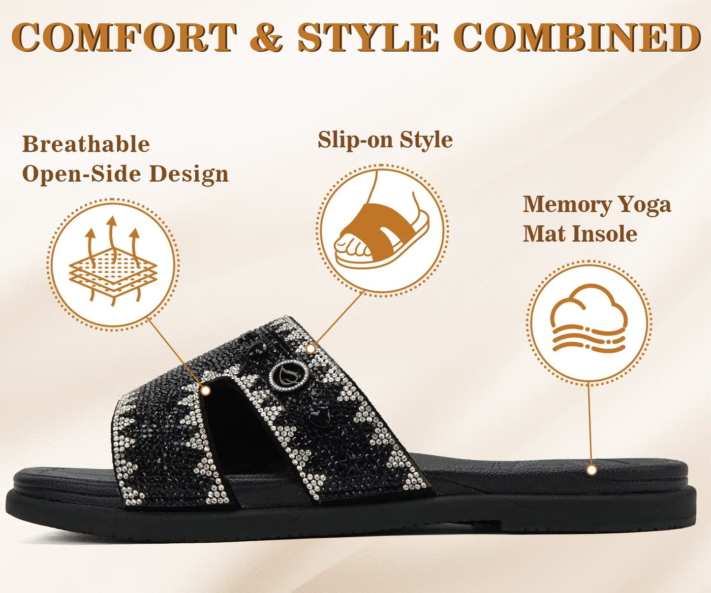 ONCAI Womens Sandals Rhinestone Ladies Flat Slides Glitter Sparkly Summer Casual Comfort Square Open Toe Sandalias Mujer with Outdoor Rubber Soles US Size 6-12
