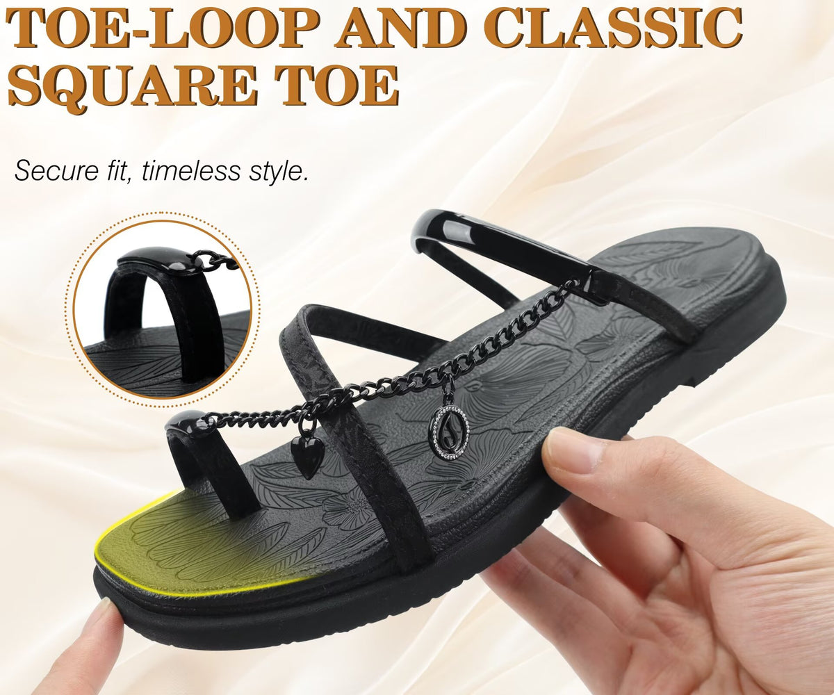 ONCAI Women's Flat Sandals Toe-loop Strappy Square Open Toe Slip on Fashion Dressy Slide Sandal for Woman 2026 Summer Casual Comfortable Beach Lightweight Outdoor Slides Shoes
